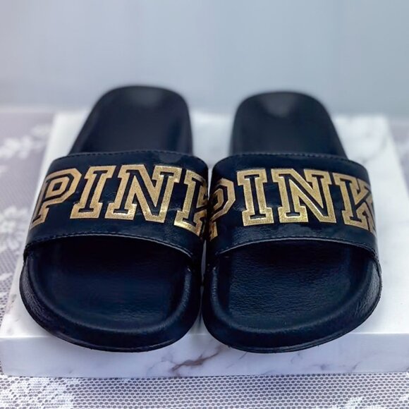 Victoria’s Secret Pink Single Strap Slides Sandals Black & Gold - Picture 4 of 8